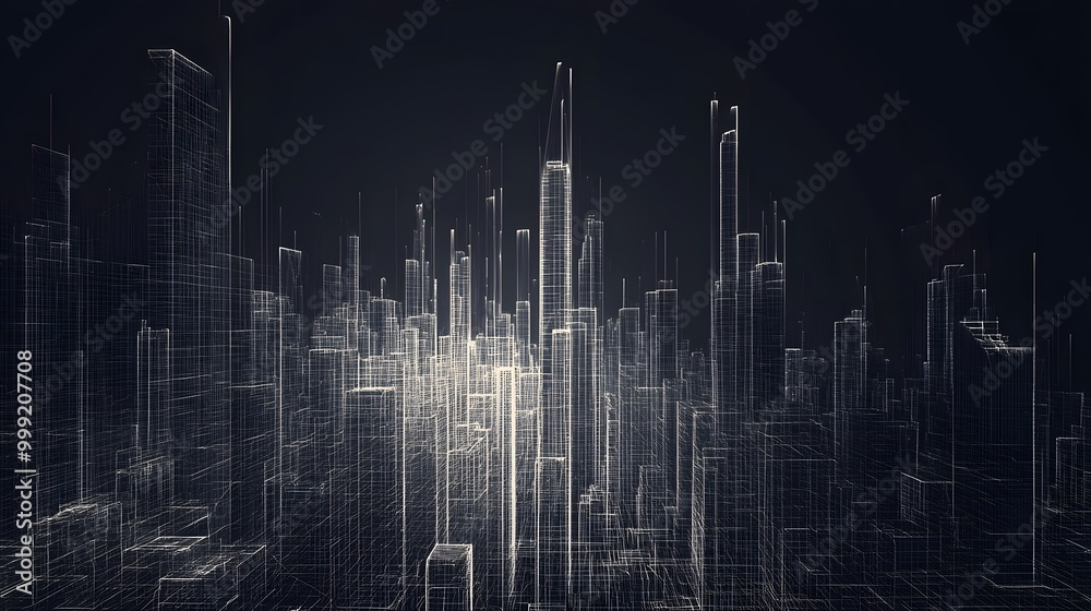 Abstract wireframe city background. Perspective 3D render of building wireframe. Vector. Abstract wireframe city background. Perspective 3D render of building wireframe. Vector.