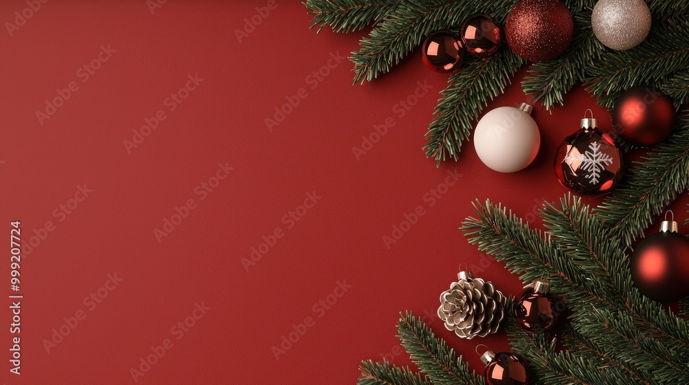 Christmas Ornament Border on Red Background Holiday Decoration Winter Festive Christmas Ornament Border on Red Background Holiday Decoration Winter Festive