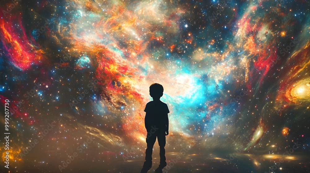 An enchanting scene featuring a child's silhouette framed by a stunning display of multicolored galaxies and shimmering stars. The cosmic background is filled with vibrant swirls of color, representin