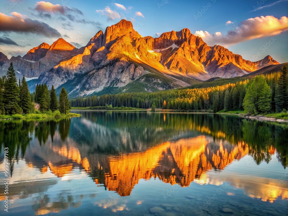 Obraz premium Calm lake waters reflect the grandeur of the mountain range, as the first light of day casts a warm, golden glow that accentuates the rugged ridges and serene atmosphere.