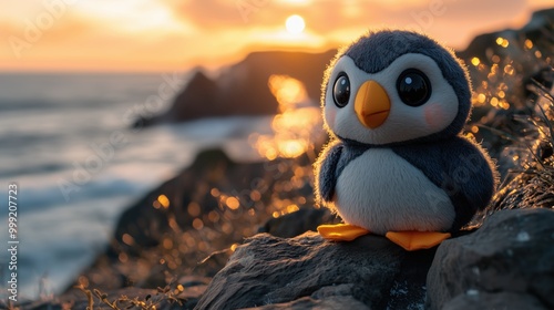 A plush puffin on a sparkling cliff overlooking the glowing ocean at sunset photo