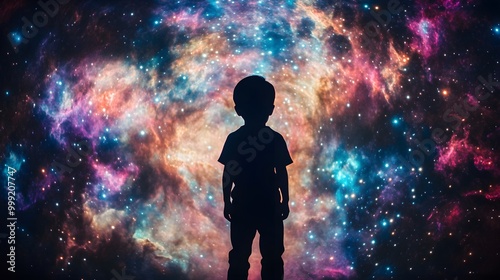 An enchanting scene featuring a child's silhouette framed by a stunning display of multicolored galaxies and shimmering stars. The cosmic background is filled with vibrant swirls of color, representin