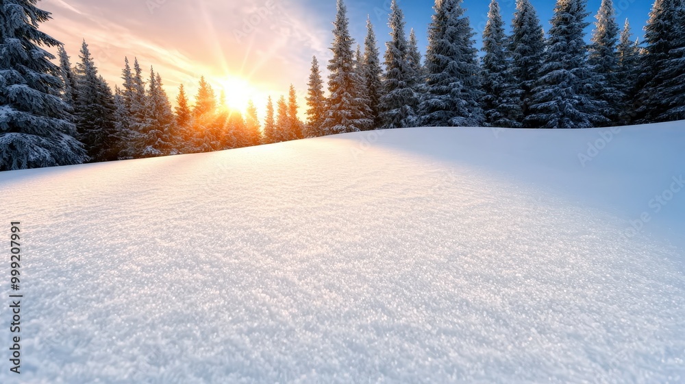 Winter Wonderland  Snow Covered Landscape with Sunset and Pine Trees