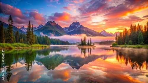 Tranquil Lake Reflects the Radiant Colors of the Vibrant Sky and Rugged Mountains at Dawn Bathed in Soft Warmth and Gentle Mist Evoking a Sense of Serenity.