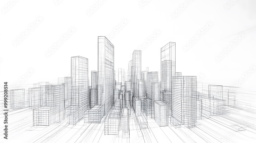 Abstract wireframe city background. Perspective 3D render of building wireframe. Vector. Abstract wireframe city background. Perspective 3D render of building wireframe. Vector.