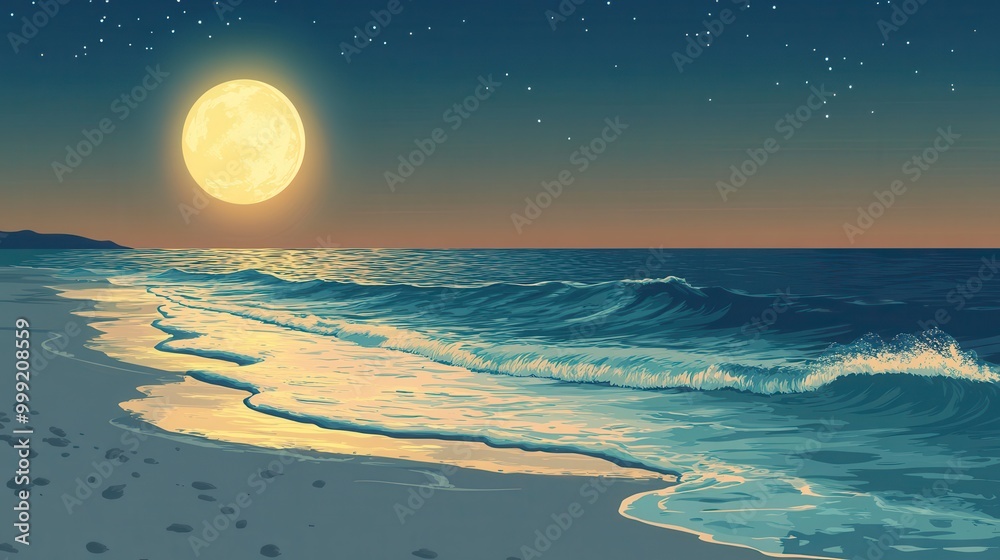 Obraz premium Peaceful Nighttime Beach Scene with Full Moon and Rolling Waves.