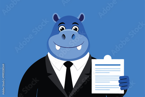 A friendly hippopotamus in a suit, holding a loan application, smiling broadly.