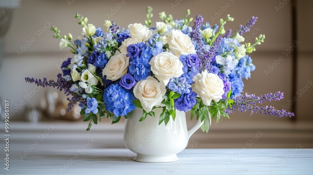 A tranquil bouquet of blue delphiniums and white roses in a charming ceramic pitcher on a rustic wooden table A tranquil bouquet of blue delphiniums and white roses in a charming ceramic pitcher on a rustic wooden table