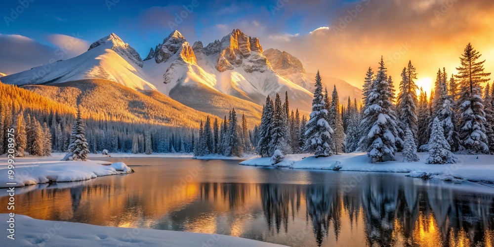 Golden Light of dawn breaks over mountain range, casting a warm glow on frozen lake, highlighting the intricate details of snow-covered trees and the majestic grandeur of the peaks. Golden Light of dawn breaks over mountain range, casting a warm glow on frozen lake, highlighting the intricate details of snow-covered trees and the majestic grandeur of the peaks.