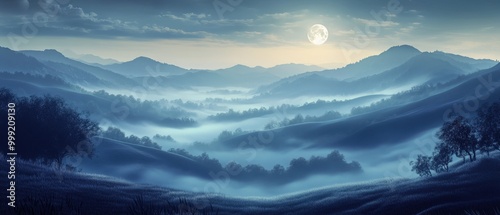 Serene Mountain Landscape with Full Moon and Fog at Night