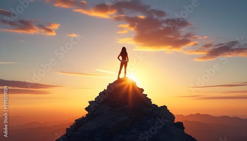 Empowered woman silhouette rejoices atop a mountain at sunset, embodying success, leadership, confidence, and the thrill of achieving goals. photo