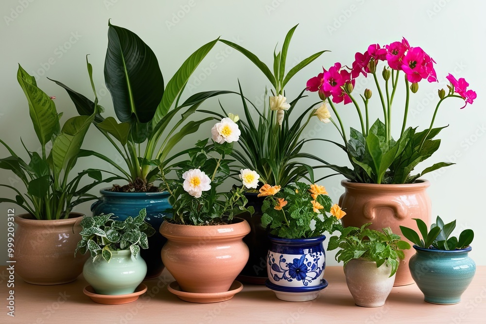 Obraz premium Charming Ceramic Pots with Diverse Flowering Houseplants on a Bright Background