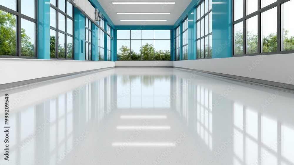 Obraz premium Modern Office Corridor with Blue Walls Glass Windows and Shiny Floor