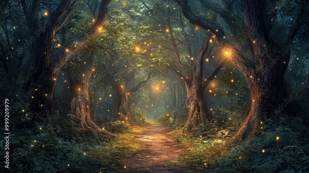 Fototapeta premium Enchanting Forest Path with Glowing Fireflies at Night.