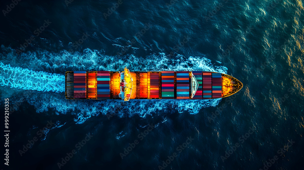 Cargo Ship Sails Across the Ocean, A View from Above Cargo Ship Sails Across the Ocean, A View from Above