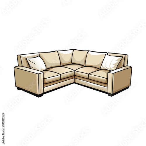 Illustration of a modern beige corner sectional sofa with pillows.