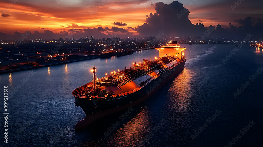 Cargo Ship Sailing Through a Harbor at Sunset Cargo Ship Sailing Through a Harbor at Sunset