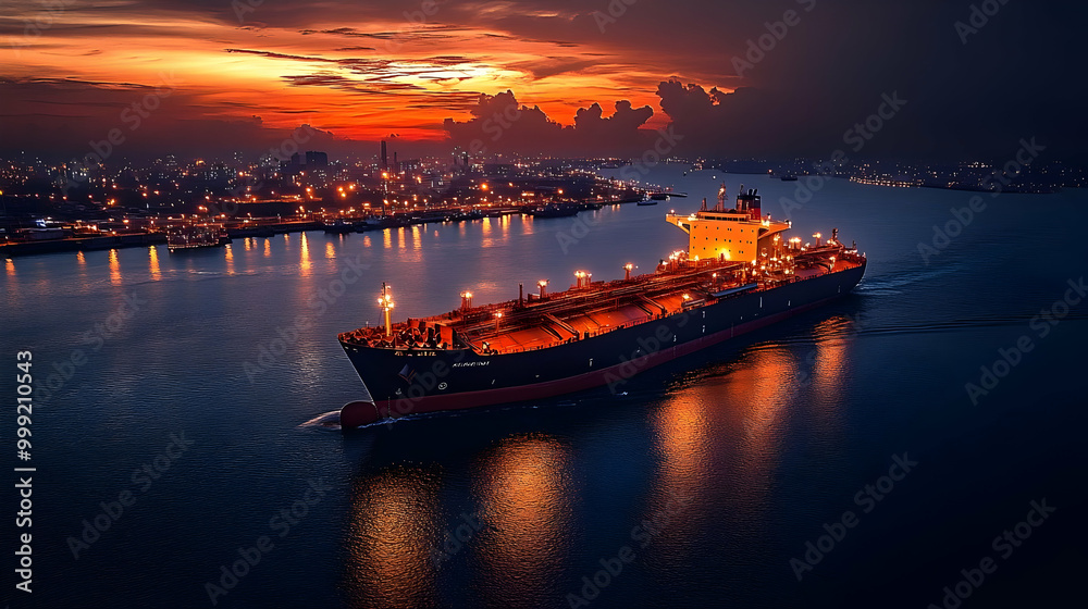 Cargo Ship Sails at Sunset, Lights Reflect on Water Cargo Ship Sails at Sunset, Lights Reflect on Water