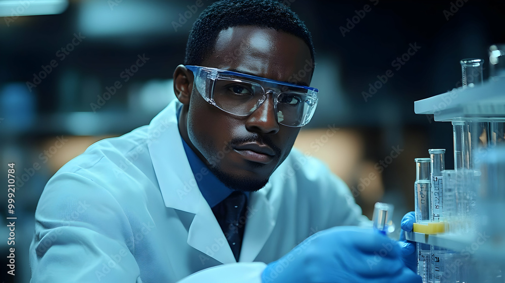 Scientist in Lab Coat Examining Test Tubes with Liquid