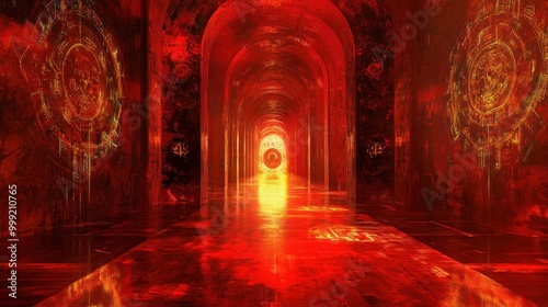 Red and Gold Arched Corridor with Reflective Floor and Glowing Light at the End - Futuristic or Sci-Fi Architecture Design.