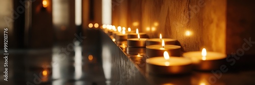 Glowing candles in a dimly lit room