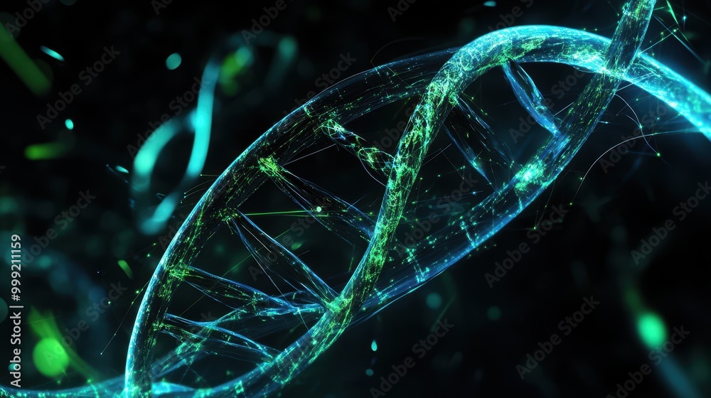 Abstract Blue and Green DNA Double Helix Structure with Glowing Particles in the Background. Abstract Blue and Green DNA Double Helix Structure with Glowing Particles in the Background.