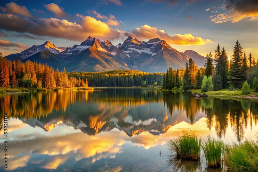 Tranquil Lake reflects the majestic beauty of distant mountains, bathed in a warm golden light during the golden hour, creating an idyllic atmosphere of peace and serenity. Tranquil Lake reflects the majestic beauty of distant mountains, bathed in a warm golden light during the golden hour, creating an idyllic atmosphere of peace and serenity.