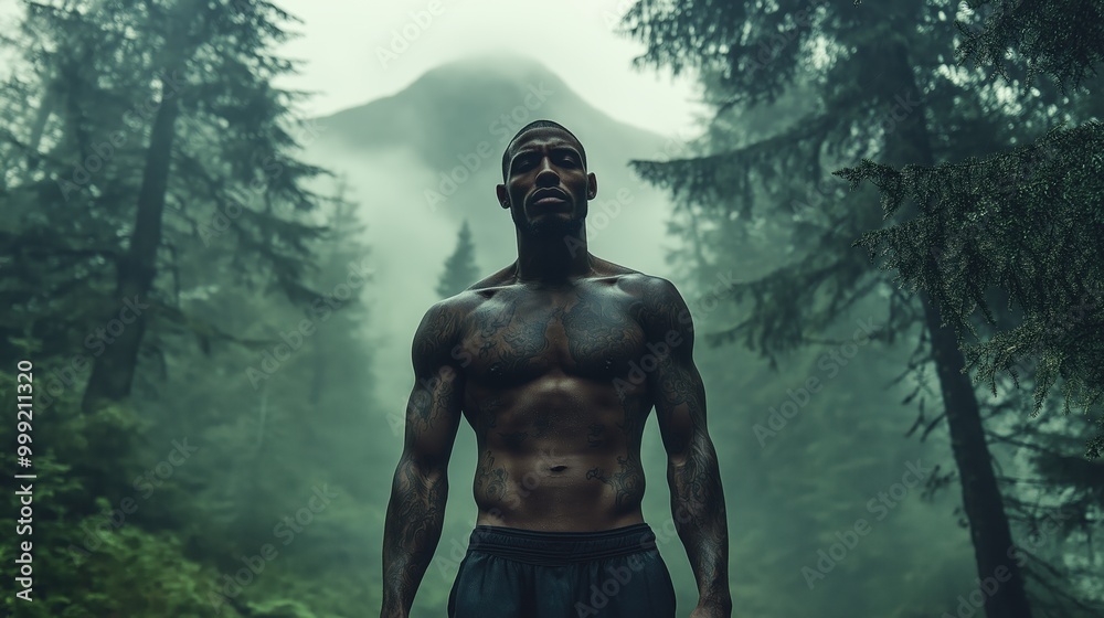 A powerful tattooed man stands firm in a misty forest, embodying strength amidst nature’s mystique and suspenseful atmosphere A powerful tattooed man stands firm in a misty forest, embodying strength amidst nature’s mystique and suspenseful atmosphere