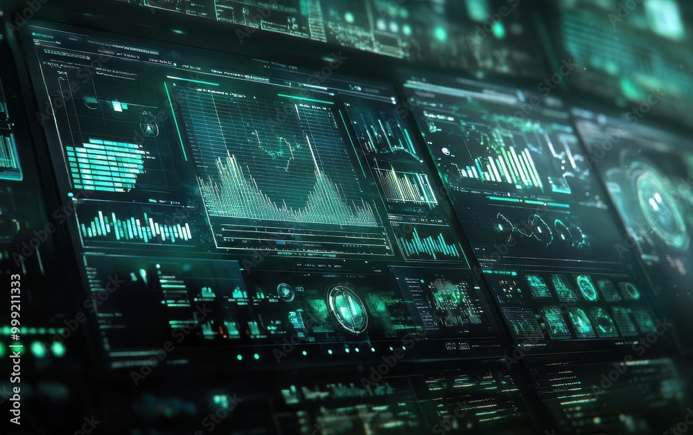 Futuristic Technology Interface with Green Data Visualizations on Multiple Screens. Futuristic Technology Interface with Green Data Visualizations on Multiple Screens.