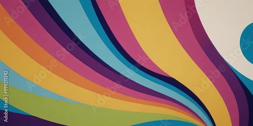 A colorful, rainbow-striped background with a blue wave in the middle