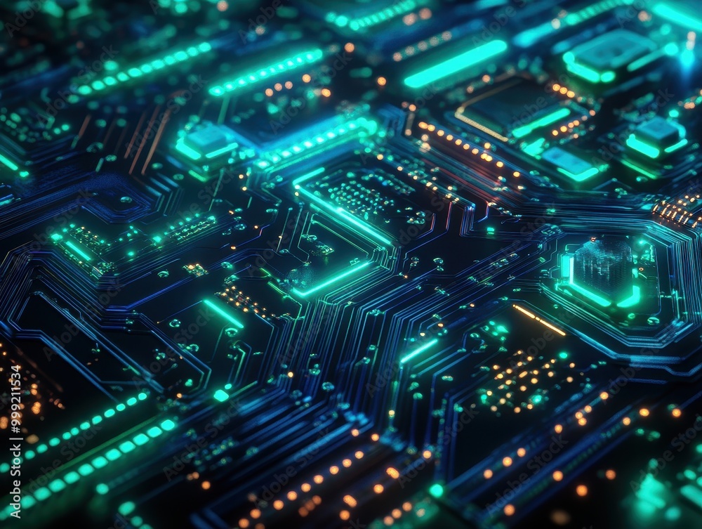 Abstract Futuristic Circuit Board with Glowing Green and Orange Lights. Abstract Futuristic Circuit Board with Glowing Green and Orange Lights.