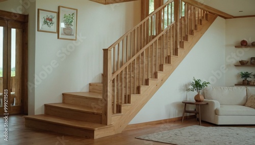 Modern entryway with wooden staircase two wicker ottomans and a potted plant 1