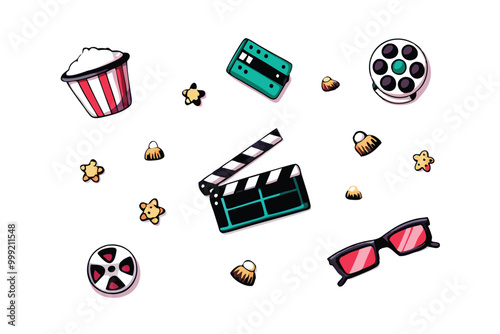 A colorful illustration of movie film industry icons, including a clapperboard, cameras, and popcorn.