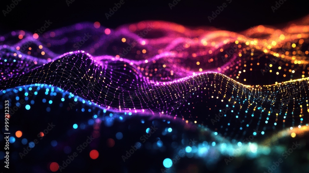 Abstract Colorful Digital Landscape with Glowing Lights and Network Mesh. Abstract Colorful Digital Landscape with Glowing Lights and Network Mesh.