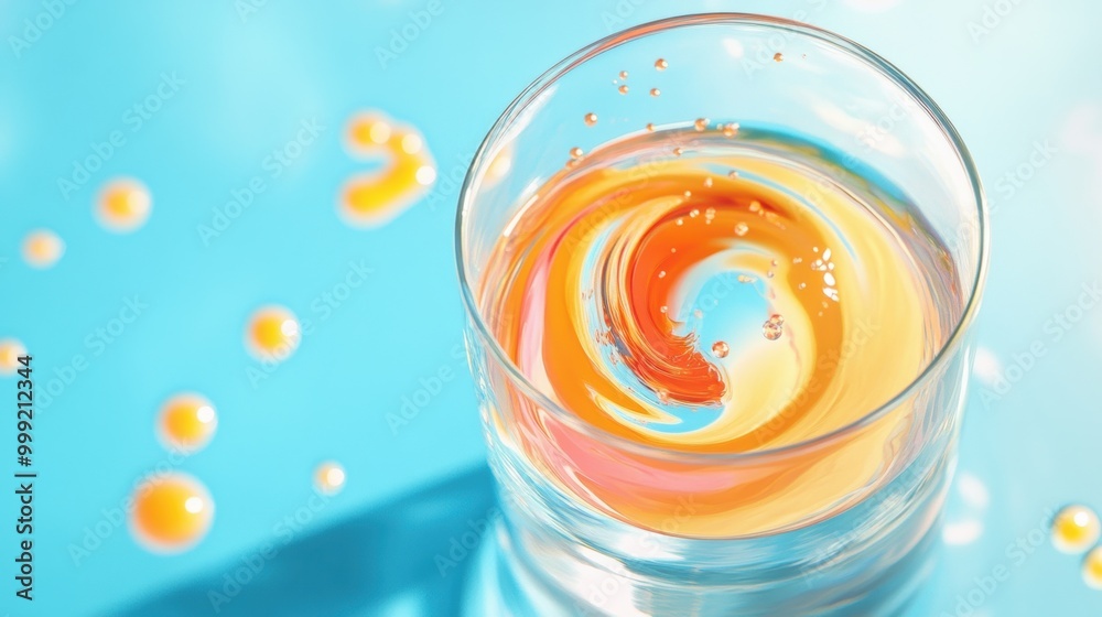 Colorful Swirl in Glass of Liquid on Bright Surface Colorful Swirl in Glass of Liquid on Bright Surface
