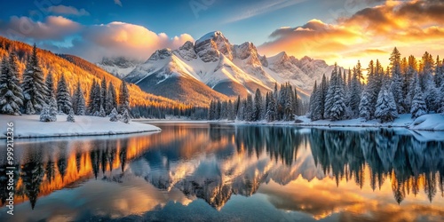 Winter Wonderland Dawn Unfolds, with Snow-Capped Peaks Aglow, Reflecting Warm Light and Rich Colors in the Calm Lake, Creating a Scene of Breathtaking Beauty and Contrast.