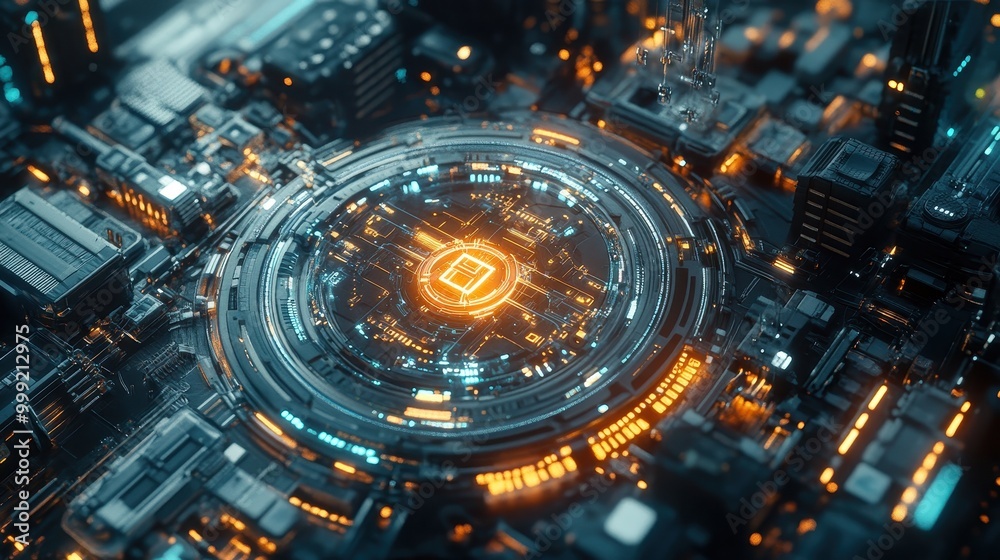 Futuristic Circuit Board with Glowing Orange Lights - Abstract Technology Background. Futuristic Circuit Board with Glowing Orange Lights - Abstract Technology Background.
