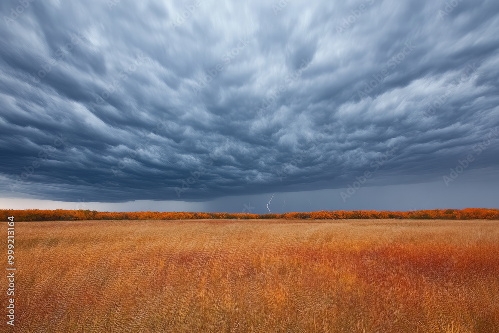 A field of yellow grass is in the foreground of a cloudy sky A field of yellow grass is in the foreground of a cloudy sky