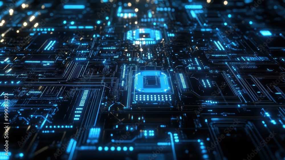 Abstract Futuristic Circuit Board with Blue Glowing Lines and LEDs - Technology Background. Abstract Futuristic Circuit Board with Blue Glowing Lines and LEDs - Technology Background.