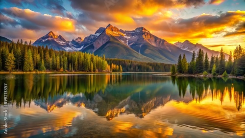 Golden Hour bathes distant mountain ranges in a warm soft light as still lake waters mirror the majestic peaks and vibrant colors of nature awakening from its slumber.