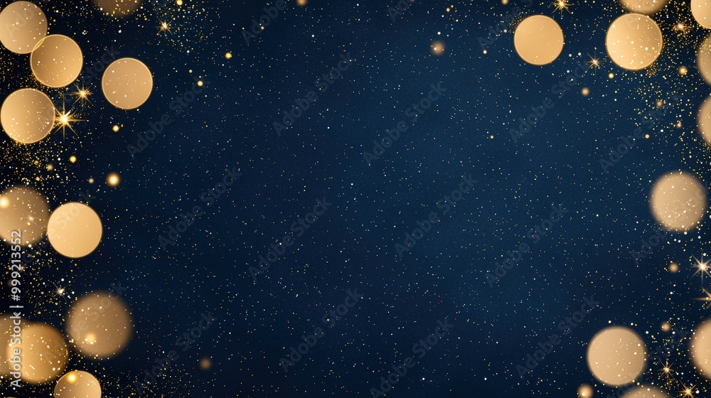 Fototapeta premium Festive Gold Bokeh Lights on Navy Blue Background for Holiday Designs