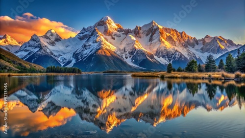 Tranquil lake waters mirror the snow-covered mountain range, awash in the warm golden light of dawn, as the rugged peaks meet the vast expanse of the blue morning sky.