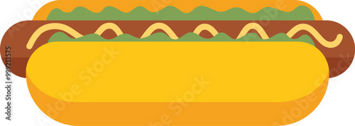Classic hot dog with mustard and relish lying in a bun, perfect for representing summer, snacks, or american cuisine