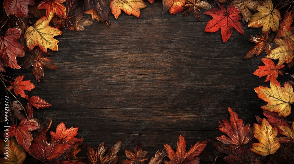 Fototapeta premium Autumn Leaves Frame on Rustic Wooden Background - Fall Foliage Border with Copy Space.