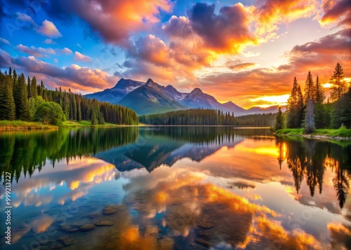 Serene mountain lake reflects the vibrant hues of dawn, as the morning sun's soft rays dance across the rippling water, revealing the intricate textures of the surrounding landscape.