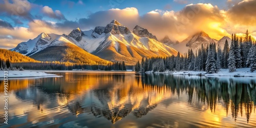 Golden Light pours over snow-covered mountain range, amplifying rich hues and textures of winter wonderland, mirrored in serene lake's glassy surface, evoking sense of peaceful morning.