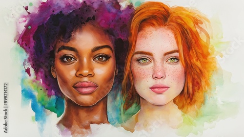 A vibrant watercolor portrait capturing the joy and contemplation of two women with distinct features against a colorful backdrop