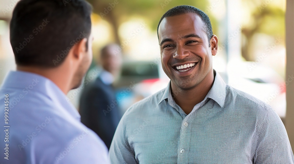 Smiling Man Engaging in Conversation Outdoors Smiling Man Engaging in Conversation Outdoors