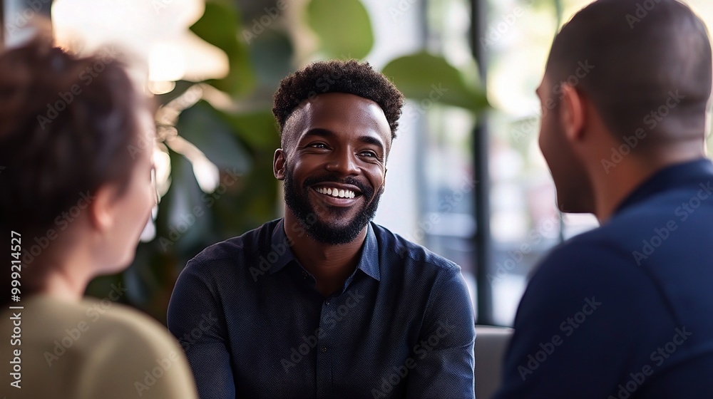 Smiling Man Engaging in Conversation with Friends Smiling Man Engaging in Conversation with Friends