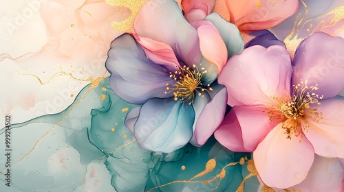 Alcohol ink art in pastel hues forming an elegant wallpaper design with floral elements